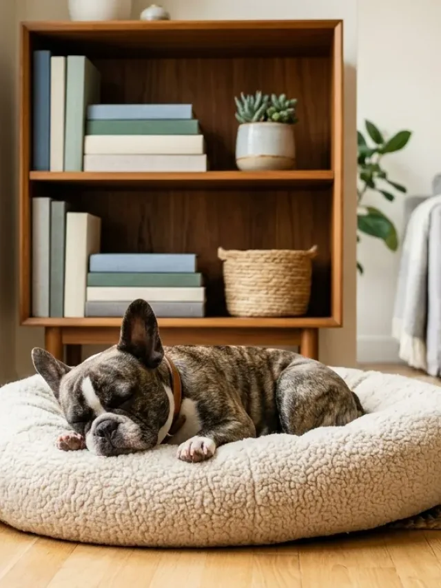 A French Bulldog resting in a living room while exhibiting flat-faced brachycephalic facial features.