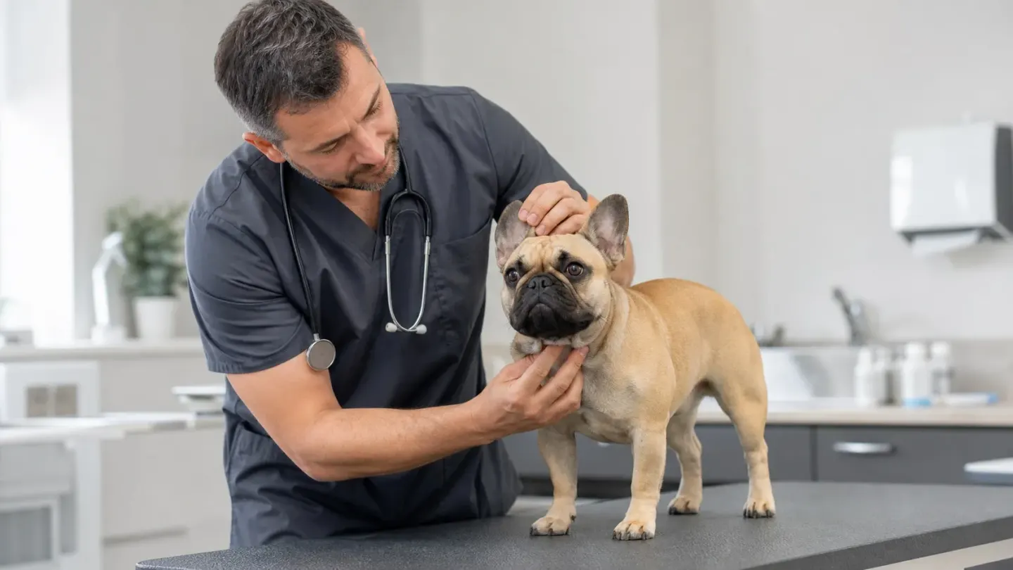 A veterinarian evaluating a French Bulldog for respiratory and BOAS health.