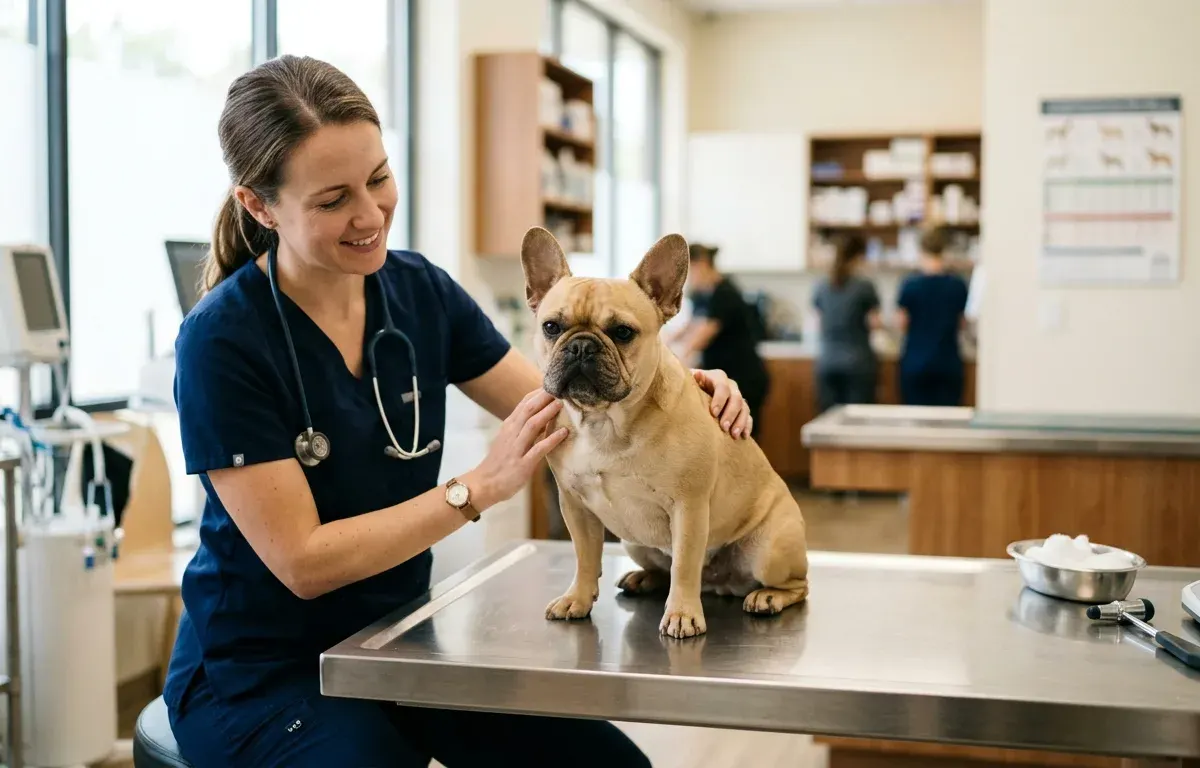 A fawn French Bulldog sitting on an examination table during a routine veterinary health assessment.