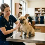 A fawn French Bulldog sitting on an examination table during a routine veterinary health assessment.