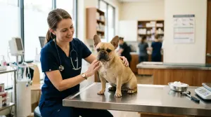 A fawn French Bulldog sitting on an examination table during a routine veterinary health assessment.