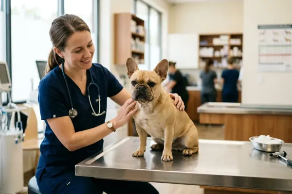 A fawn French Bulldog sitting on an examination table during a routine veterinary health assessment.