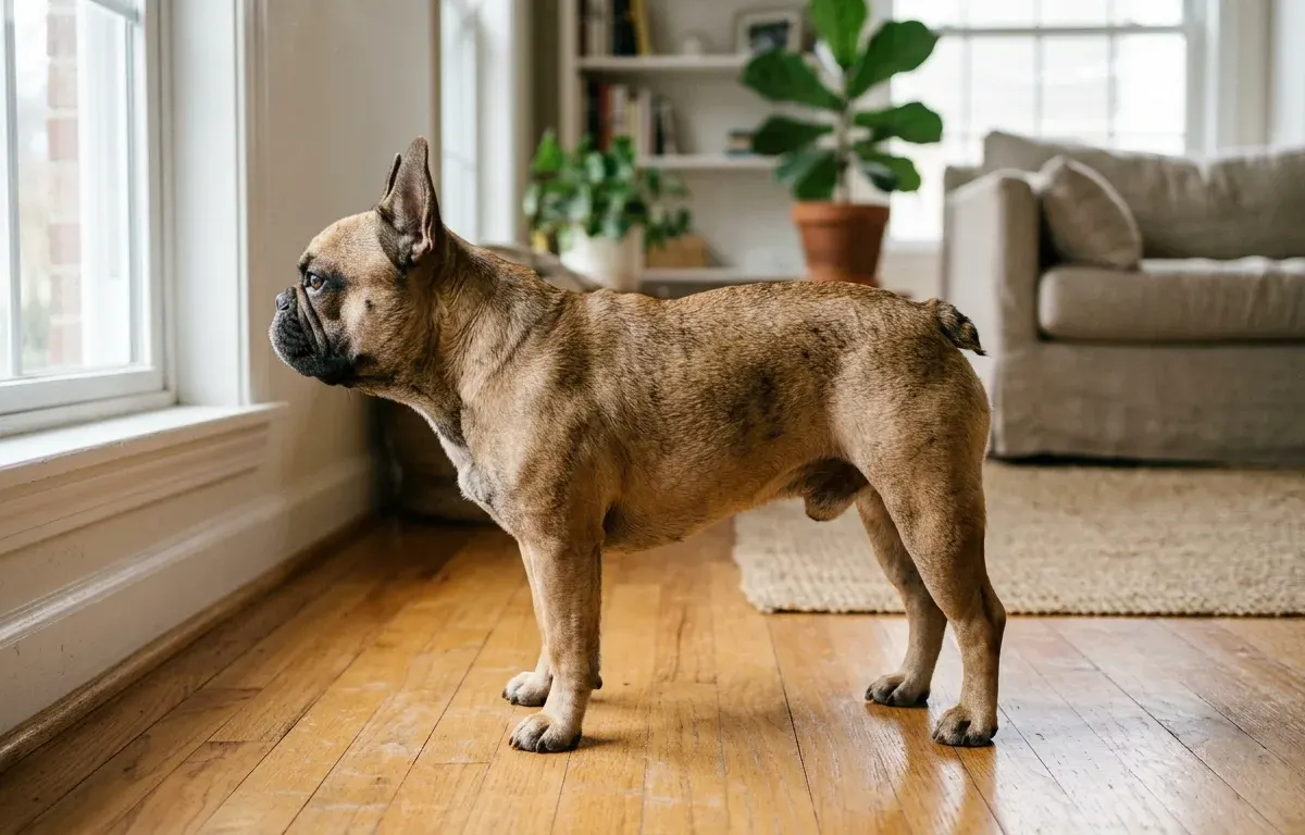 Side view of a French Bulldog showing its naturally short tail in a bright living room.