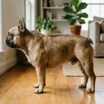 Side view of a French Bulldog showing its naturally short tail in a bright living room.