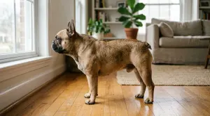 Side view of a French Bulldog showing its naturally short tail in a bright living room.