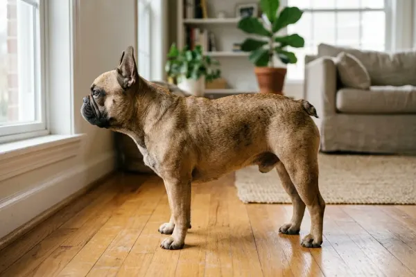 Side view of a French Bulldog showing its naturally short tail in a bright living room.