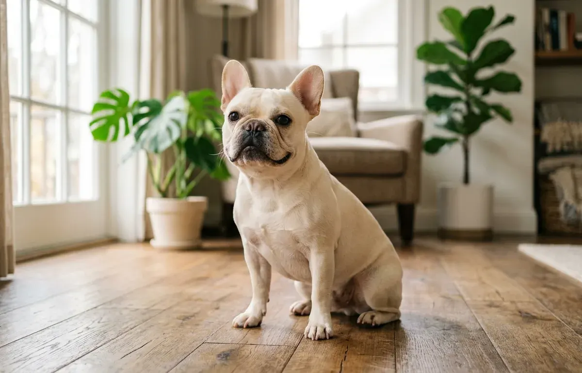 A cream-colored French Bulldog sitting on a wooden floor, demonstrating a smooth short coat.