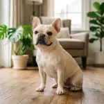 A cream-colored French Bulldog sitting on a wooden floor, demonstrating a smooth short coat.