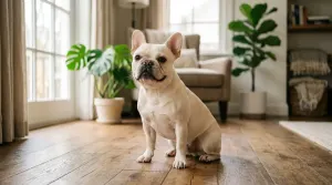 A cream-colored French Bulldog sitting on a wooden floor, demonstrating a smooth short coat.