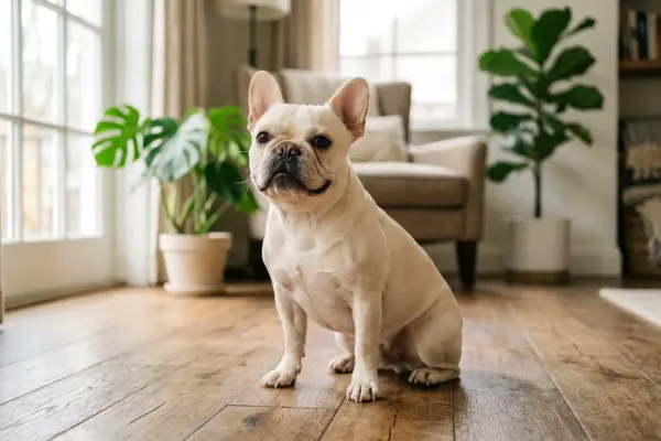 A cream-colored French Bulldog sitting on a wooden floor, demonstrating a smooth short coat.