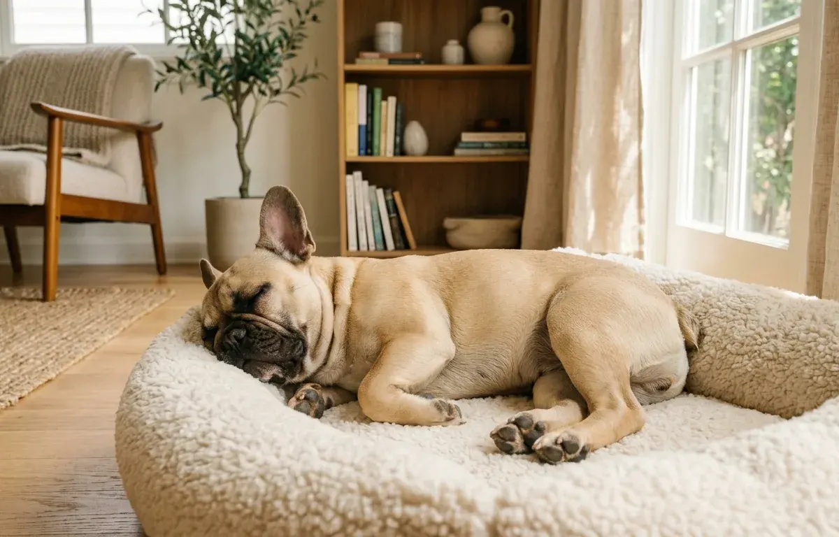 A French Bulldog sleeping peacefully on a comfortable bed in a bright living room