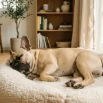 A French Bulldog sleeping peacefully on a comfortable bed in a bright living room