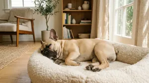 A French Bulldog sleeping peacefully on a comfortable bed in a bright living room