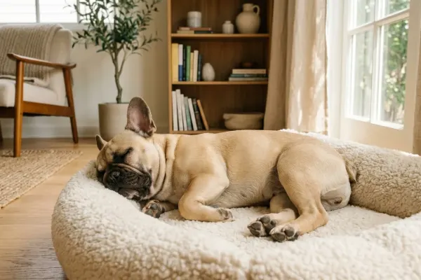 A French Bulldog sleeping peacefully on a comfortable bed in a bright living room