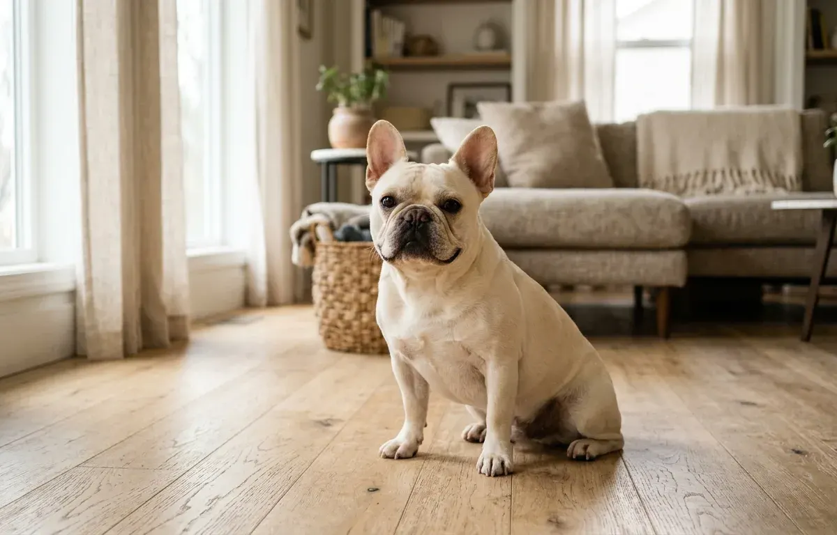 Healthy French Bulldog sitting in a clean living room representing proper odor management.