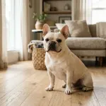 Healthy French Bulldog sitting in a clean living room representing proper odor management.