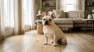 Healthy French Bulldog sitting in a clean living room representing proper odor management.