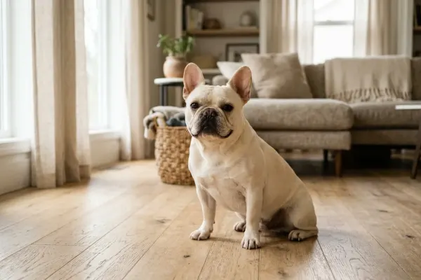 Healthy French Bulldog sitting in a clean living room representing proper odor management.