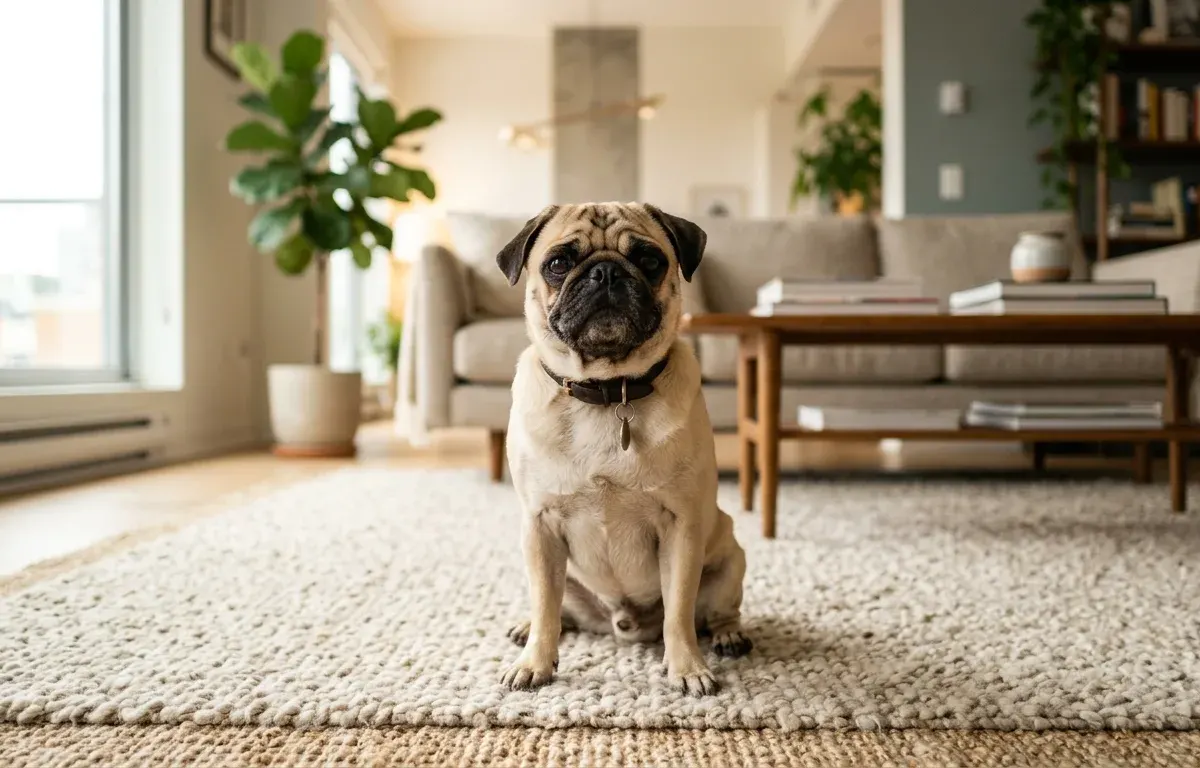 Fawn Pug sitting peacefully on a living room rug in a sunlit modern home.