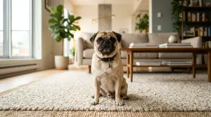 Fawn Pug sitting peacefully on a living room rug in a sunlit modern home.