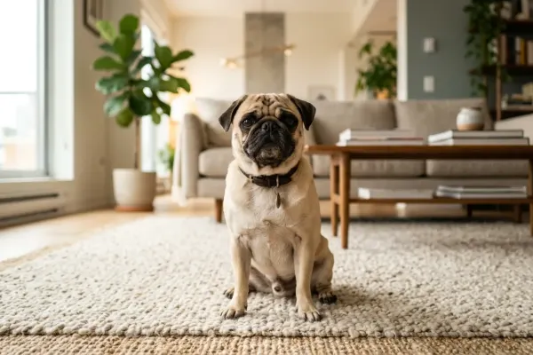 Fawn Pug sitting peacefully on a living room rug in a sunlit modern home.