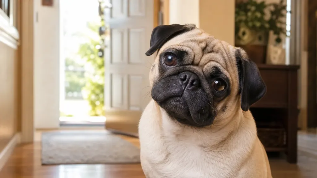 Close-up of a Pug looking curious and alert near a home doorway.