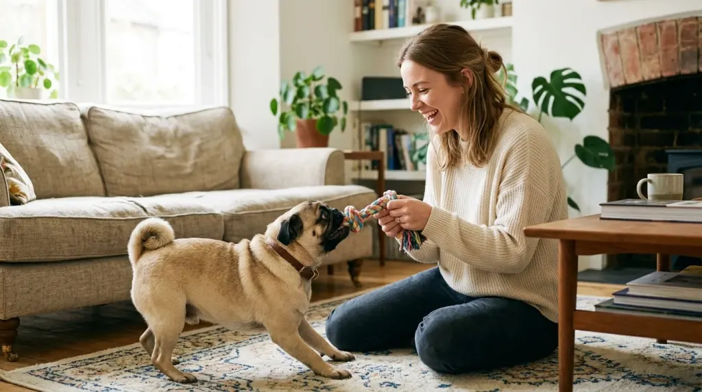 Dog owner engaging in interactive indoor play with a Pug to prevent boredom.