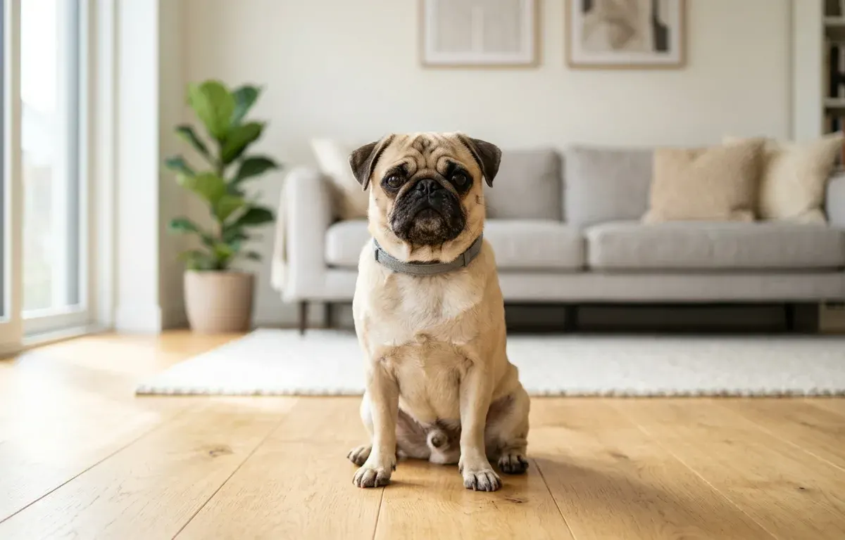 A fawn Pug dog sitting on a wooden floor in a bright living room