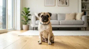 A fawn Pug dog sitting on a wooden floor in a bright living room
