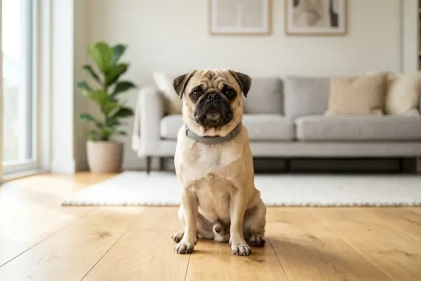 A fawn Pug dog sitting on a wooden floor in a bright living room