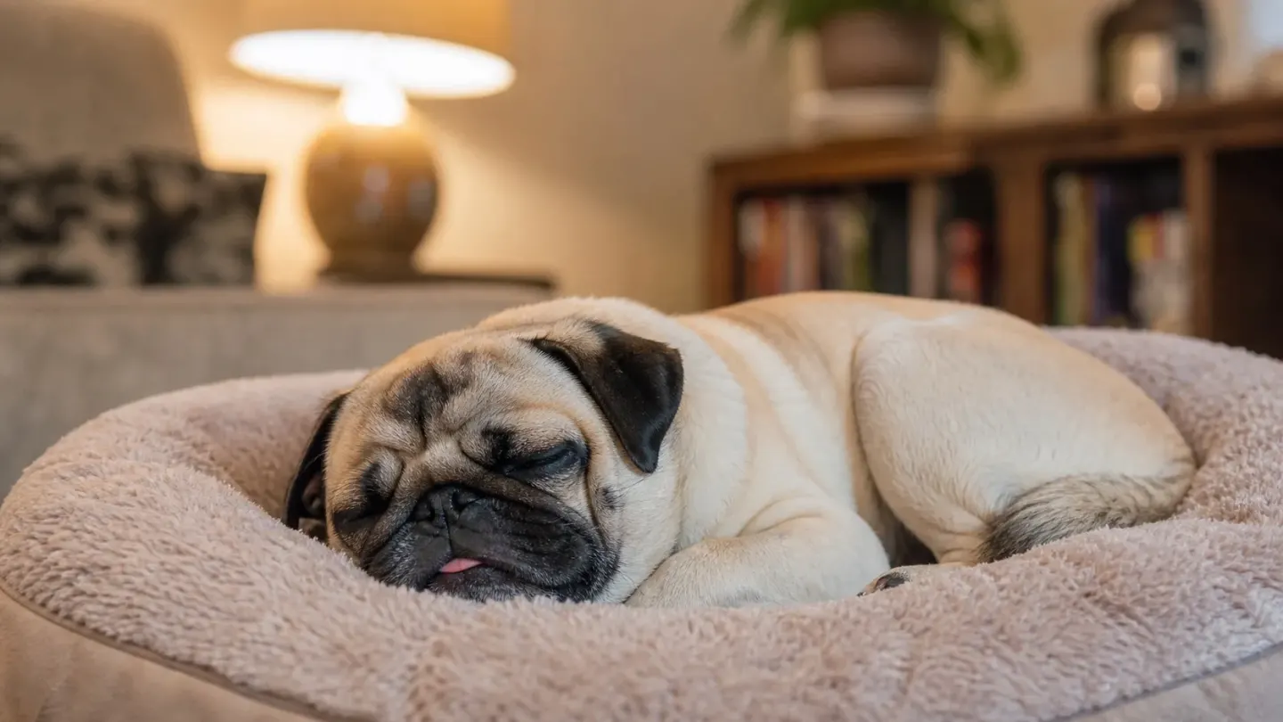 A Pug dog sleeping peacefully on a dog bed