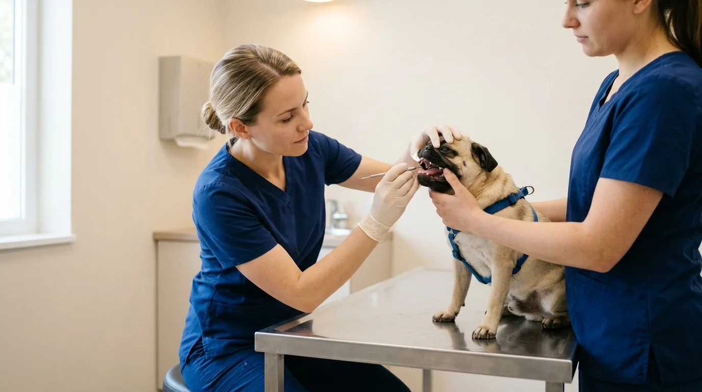 A veterinarian examining a Pug dog's mouth during a checkup