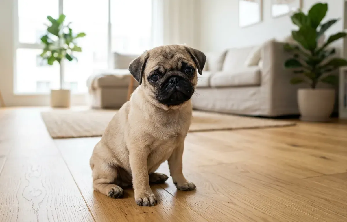 Fawn Pug dog sitting in a bright living room showcasing its characteristic facial features and prominent eyes.