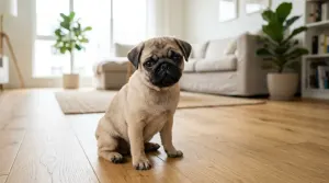 Fawn Pug dog sitting in a bright living room showcasing its characteristic facial features and prominent eyes.