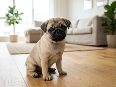 Fawn Pug dog sitting in a bright living room showcasing its characteristic facial features and prominent eyes.
