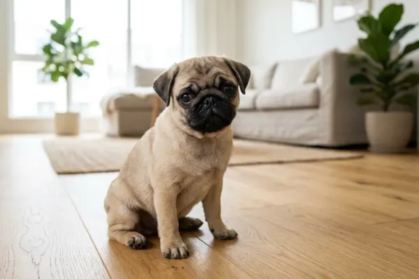 Fawn Pug dog sitting in a bright living room showcasing its characteristic facial features and prominent eyes.
