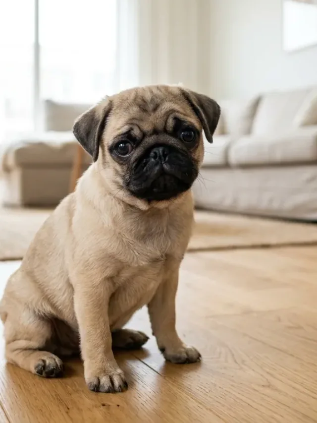 Fawn Pug dog sitting in a bright living room showcasing its characteristic facial features and prominent eyes.