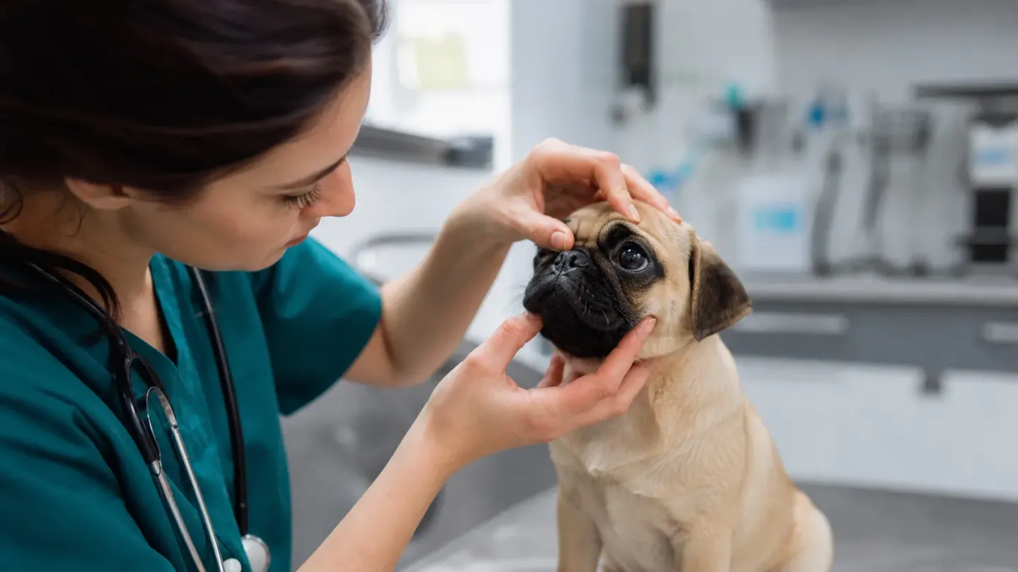 Veterinarian performing a gentle eye examination on a Pug dog in a clinical setting.