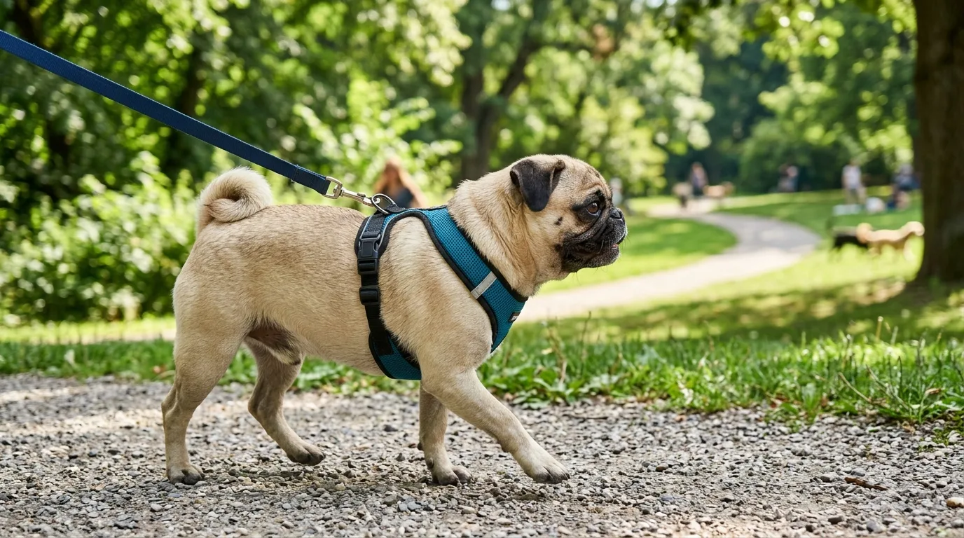 Pug wearing a chest harness during a walk to prevent neck and eye strain.