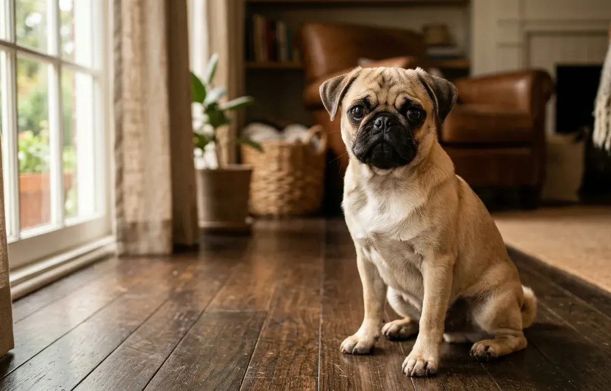 Fawn pug dog sitting indoors in a bright American living room