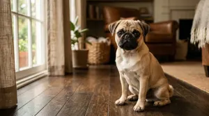 Fawn pug dog sitting indoors in a bright American living room