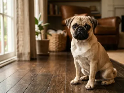 Fawn pug dog sitting indoors in a bright American living room