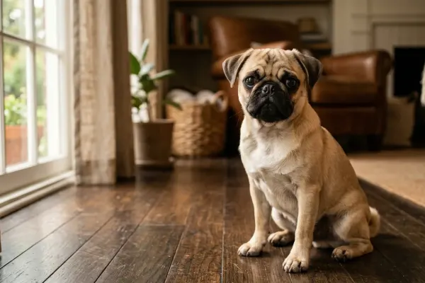 Fawn pug dog sitting indoors in a bright American living room