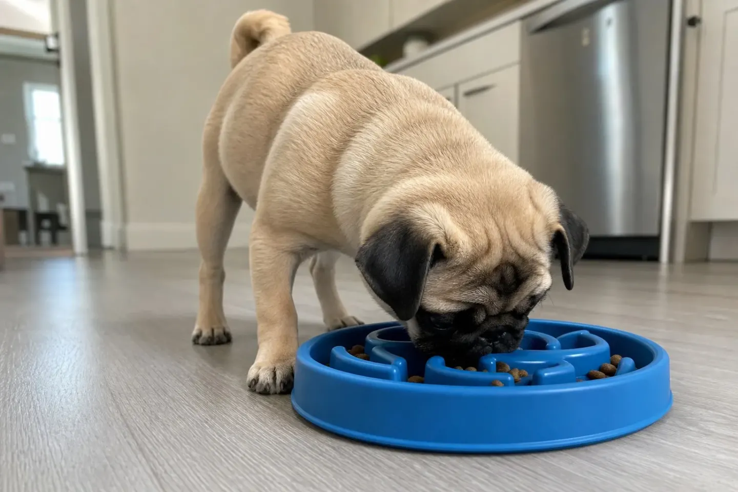 Pug dog eating food from a slow feeder bowl to prevent gas