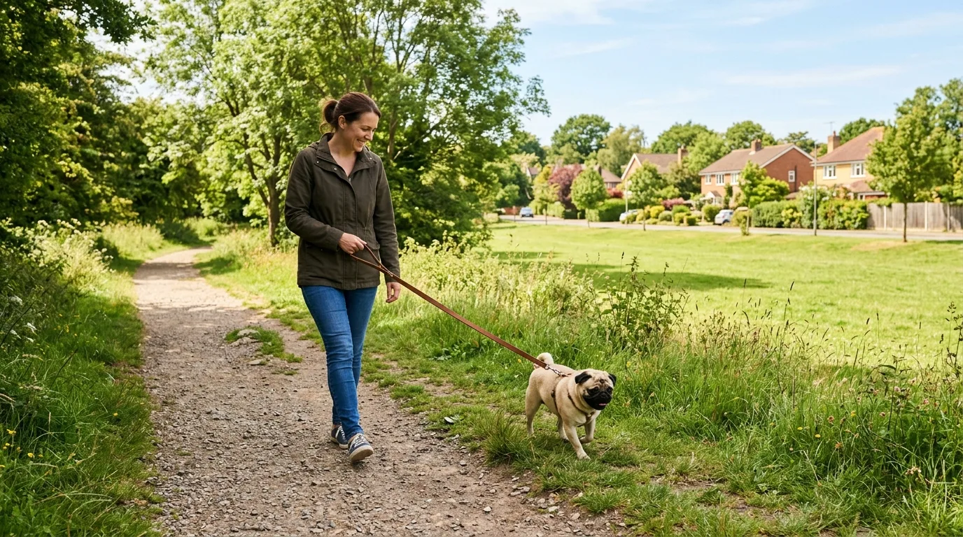 Pug dog walking outdoors on a leash for daily post-meal exercise