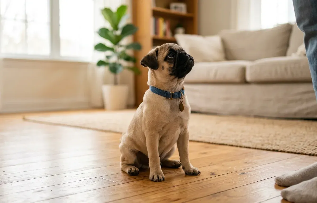 A fawn Pug sitting calmly on a hardwood floor in a home setting.