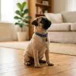 A fawn Pug sitting calmly on a hardwood floor in a home setting.