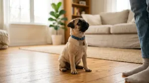 A fawn Pug sitting calmly on a hardwood floor in a home setting.