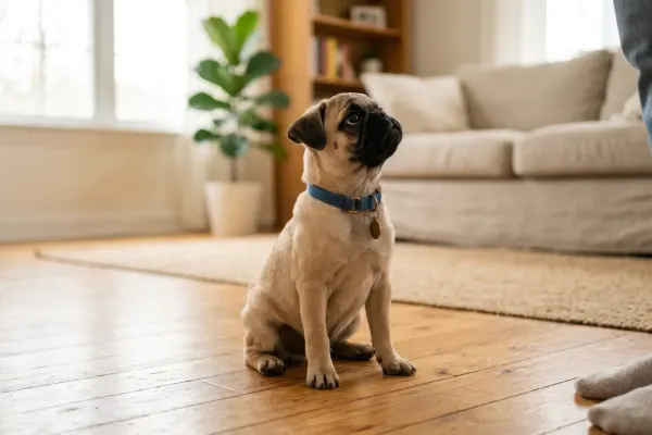 A fawn Pug sitting calmly on a hardwood floor in a home setting.