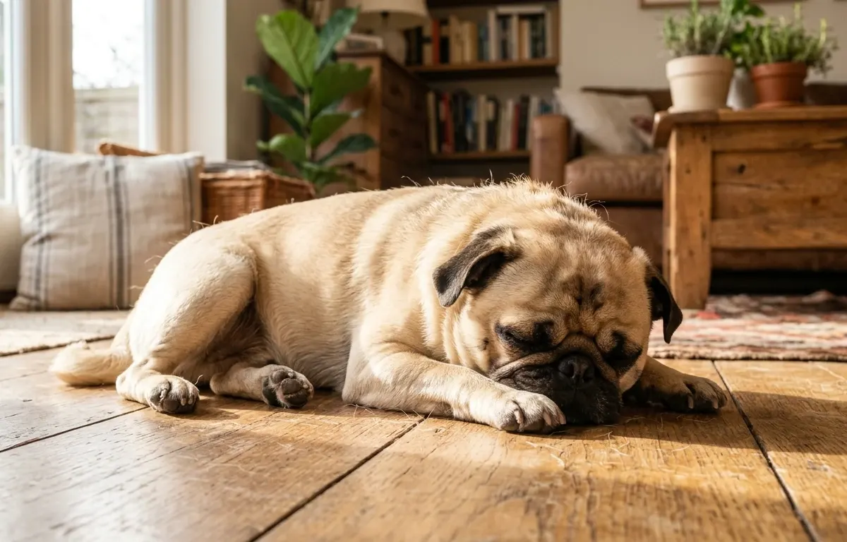 Fawn Pug sitting on a living room rug showing short coat texture.